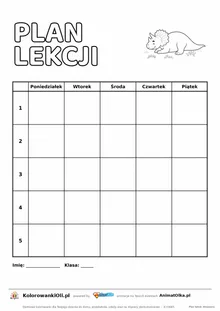 Plan lekcji dla klasy 1 do druku z triceratopsem do kolorowania — pięć dużych pól na dzień, A4