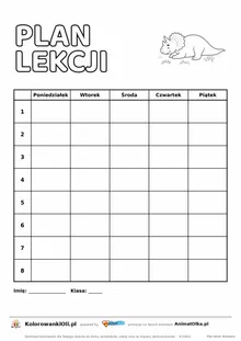 Plan lekcji do druku z triceratopsem do kolorowania — pięć dni, osiem lekcji, bez godzin, A4
