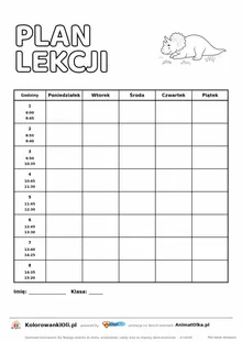 Plan lekcji z godzinami do druku z triceratopsem do kolorowania — osiem lekcji 8:00–15:20, A4