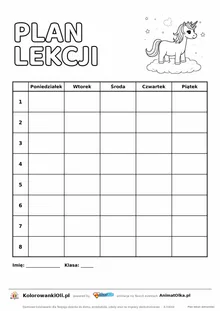 Plan lekcji do druku z jednorożcem do kolorowania — pięć dni, osiem lekcji, bez godzin, kartka A4