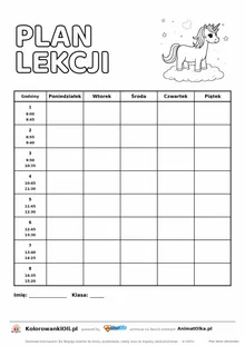 Plan lekcji z godzinami do druku z jednorożcem do kolorowania — osiem lekcji 8:00–15:20, kartka A4