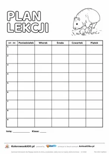 Plan lekcji dla klas 4–8 do druku z kapibarą do kolorowania — dziewięć lekcji i kolumna godzin, A4