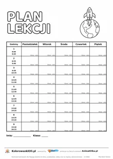 Plan lekcji dla nauczyciela do druku — klasyczny układ z dziewięcioma lekcjami, godzinami i polem na uwagi, A4