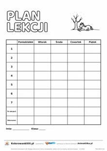 Plan lekcji z zajęciami dodatkowymi do druku z koniem do kolorowania — siedem lekcji i dwa wiersze po szkole, A4