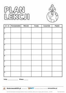 Plan lekcji dla klas 4–8 do druku z rakietą do kolorowania — dziewięć lekcji i kolumna godzin, A4