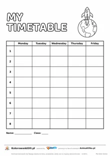 Plan lekcji po angielsku do druku — My timetable, dni Monday–Friday, rakieta do kolorowania, A4