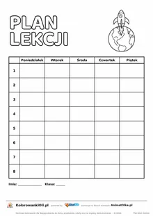 Plan lekcji do druku z rakietą do kolorowania — pięć dni, osiem lekcji, bez godzin, kartka A4