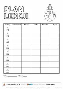 Plan lekcji z godzinami do druku z rakietą do kolorowania — osiem lekcji 8:00–15:20, kartka A4