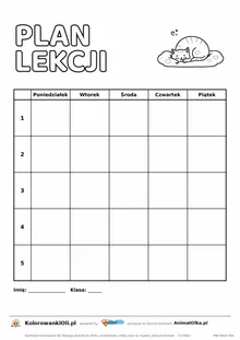 Plan lekcji dla klasy 1 do druku z kotem do kolorowania — pięć dużych pól na dzień, kartka A4