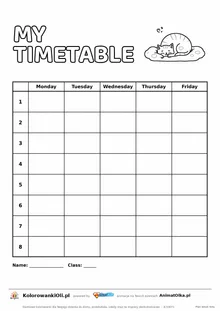 Plan lekcji po angielsku do druku — My timetable, dni Monday–Friday, kot do kolorowania, kartka A4