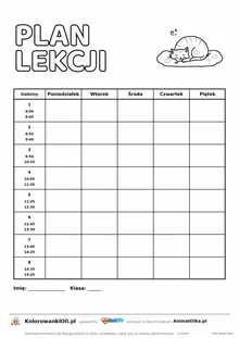 Plan lekcji z godzinami do druku z kotem do kolorowania — osiem lekcji z godzinami 8:00–15:20, kartka A4