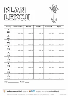 Plan lekcji dla nauczyciela do druku — dziewięć lekcji z godzinami, pola klasa i sala, kwiat do kolorowania, A4