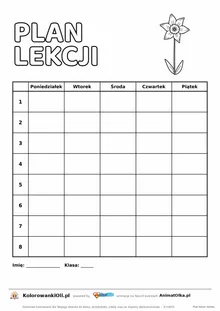 Plan lekcji do druku z kwiatem do kolorowania — pięć dni, osiem lekcji, bez godzin, kartka A4