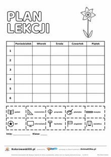 Plan lekcji z obrazkami do druku — plan wizualny z legendą symboli i kwiatem do kolorowania, kartka A4