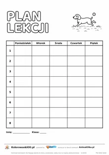 Plan lekcji do druku z jamnikiem do kolorowania — pięć dni, osiem lekcji, bez godzin, kartka A4