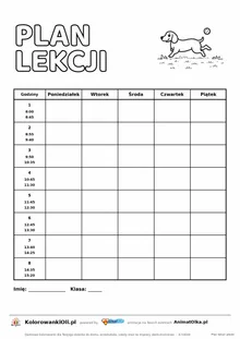 Plan lekcji z godzinami do druku z jamnikiem do kolorowania — osiem lekcji 8:00–15:20, kartka A4