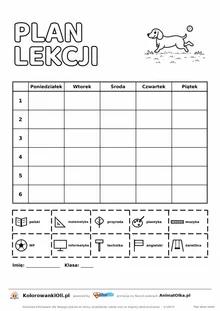 Plan lekcji z obrazkami do druku — plan wizualny z legendą symboli przedmiotów i pieskiem do kolorowania, A4