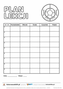 Plan lekcji dla klas 4–8 do druku z piłką nożną do kolorowania — dziewięć lekcji i kolumna godzin, A4