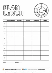 Plan lekcji do druku z piłką nożną do kolorowania — pięć dni, osiem lekcji, bez godzin, A4