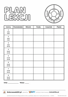 Plan lekcji z godzinami do druku z piłką nożną do kolorowania — osiem lekcji 8:00–15:20, kartka A4