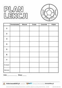 Plan lekcji z zajęciami dodatkowymi do druku z piłką nożną — siedem lekcji i wiersze po lekcjach i wieczorem, A4