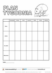 Plan tygodnia dla dziecka do druku — siedem dni i cztery pory dnia, kapibara do kolorowania, kartka A4
