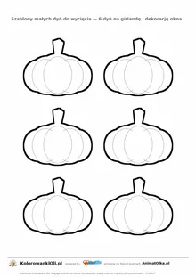 Szablony małych dyń do wycięcia — sześć dyń na kartce A4, girlanda na Halloween do druku
