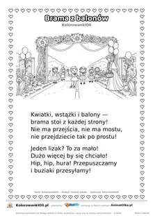 Wierszyk na wesele dla dzieci „Brama z balonów” z ilustracją do kolorowania — karta A4 do druku