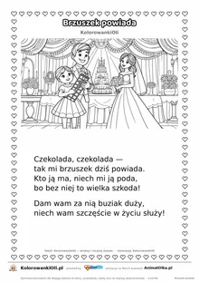 Wierszyk na wesele dla dzieci „Brzuszek powiada” z ilustracją do kolorowania — karta A4 do druku