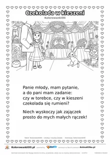 Wierszyk na wesele dla dzieci „Czekolada w kieszeni” z ilustracją do kolorowania — karta A4 do druku