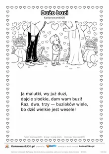 Wierszyk na wesele dla dzieci „Dużo buzi” z ilustracją do kolorowania — karta A4 do druku