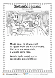 Wierszyk na wesele dla dzieci „Karteczka z sercem” z ilustracją do kolorowania — karta A4 do druku