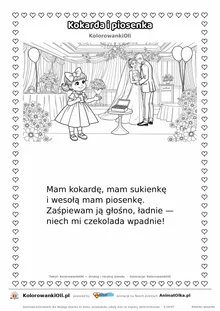 Wierszyk na wesele dla dzieci „Kokarda i piosenka” z ilustracją do kolorowania — karta A4 do druku