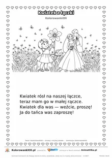 Wierszyk na wesele dla dzieci „Kwiatek z łączki” z ilustracją do kolorowania — karta A4 do druku
