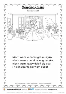 Wierszyk na wesele dla dzieci „Muzyka w domu” z ilustracją do kolorowania — karta A4 do druku