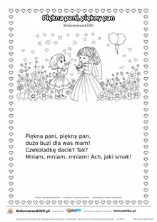 Wierszyk na wesele dla dzieci „Piękna pani, piękny pan” z ilustracją do kolorowania — karta A4 do druku