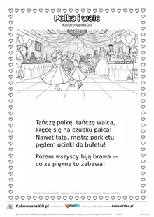 Wierszyk na wesele dla dzieci „Polka i walc” z ilustracją do kolorowania — karta A4 do druku