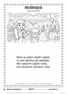Wierszyk na wesele dla dzieci „Słodki ząbek” z ilustracją do kolorowania — karta A4 do druku