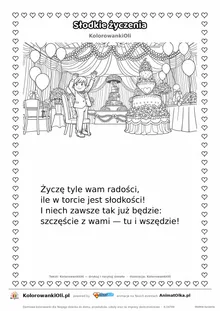 Wierszyk na wesele dla dzieci „Słodkie życzenia” z ilustracją do kolorowania — karta A4 do druku