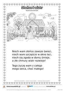 Wierszyk na wesele dla dzieci „Słońce i wiatr” z ilustracją do kolorowania — karta A4 do druku