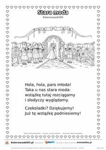 Wierszyk na wesele dla dzieci „Stara moda” z ilustracją do kolorowania — karta A4 do druku