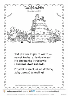 Wierszyk na wesele dla dzieci „Tort jak wieża” z ilustracją do kolorowania — karta A4 do druku