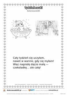 Wierszyk na wesele dla dzieci „Tydzień nauki” z ilustracją do kolorowania — karta A4 do druku