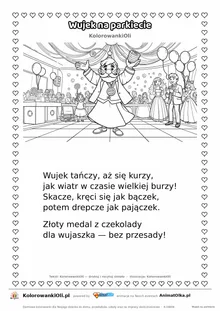 Wierszyk na wesele dla dzieci „Wujek na parkiecie” z ilustracją do kolorowania — karta A4 do druku