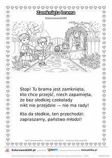 Wierszyk na wesele dla dzieci „Zamknięta brama” z ilustracją do kolorowania — karta A4 do druku