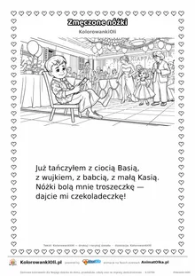 Wierszyk na wesele dla dzieci „Zmęczone nóżki” z ilustracją do kolorowania — karta A4 do druku