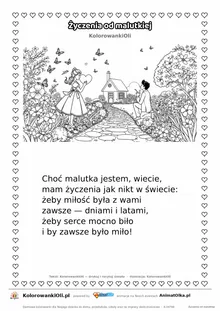 Wierszyk na wesele dla dzieci „Życzenia od malutkiej” z ilustracją do kolorowania — karta A4 do druku