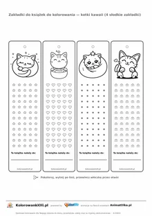 Zakładki do książek z kotkami kawaii — cztery słodkie zakładki do kolorowania na kartce A4, do druku
