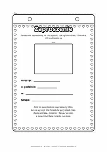 Zaproszenie na uroczystość w przedszkolu z okazji Dnia Babci i Dziadka — do druku, kolorowania i wypełnienia