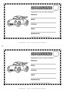 Zaproszenie na urodziny z autami do kolorowania — czarno-biały szablon, 2 karty A5 na kartce A4